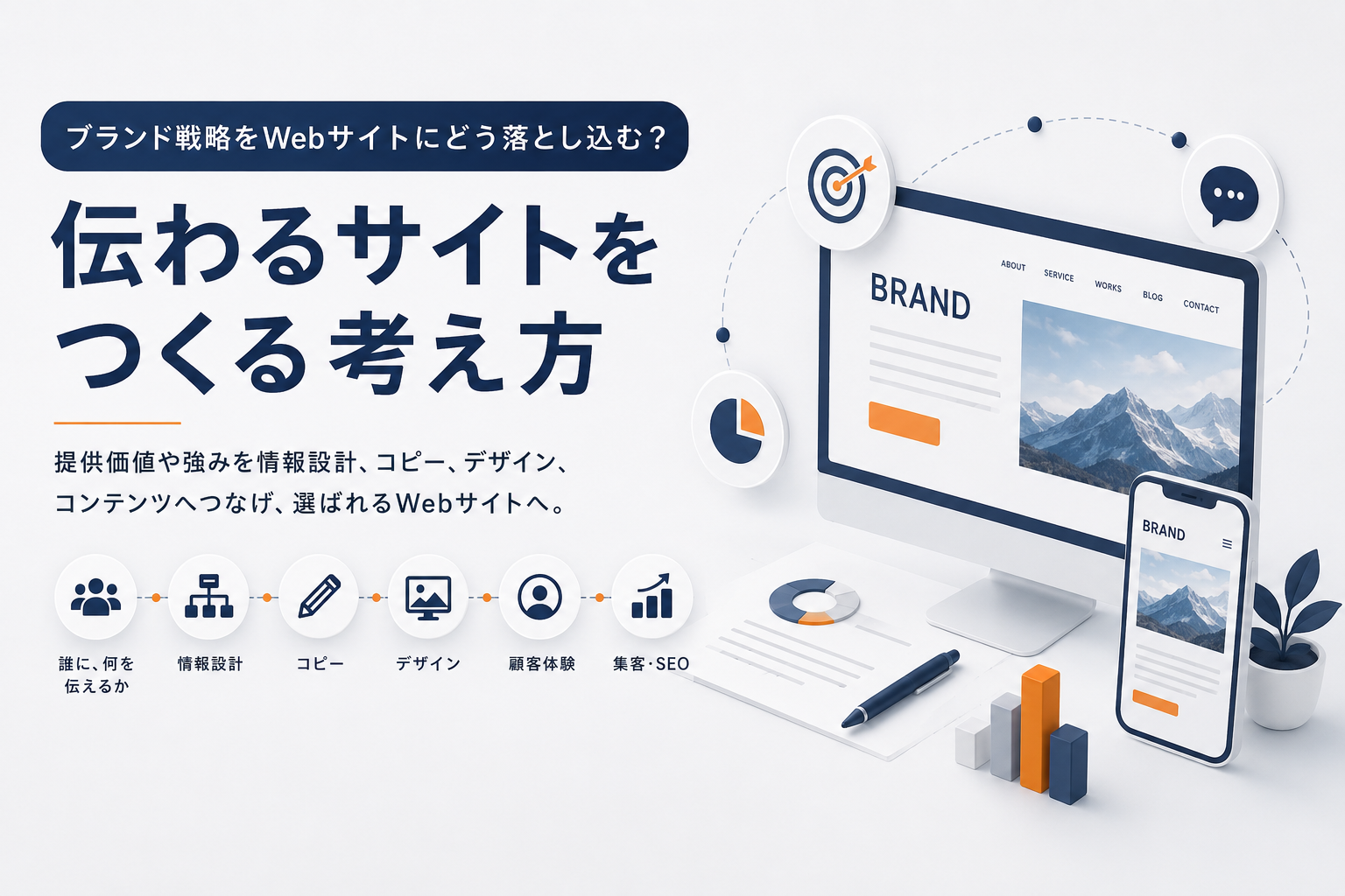 ブランド戦略をWebサイトの情報設計・コピー・デザイン・顧客体験・SEOへ落とし込む考え方を表した図